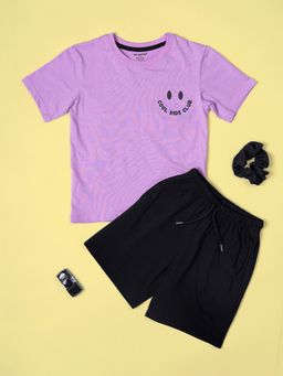 Be Awara - Cotton Half Sleeves Cool Kids Oversized T-Shirt & Short - Purple (Set of 2)