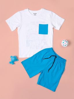 Be Awara - Half Sleeves Game On Print Oversized T-Shirt & Short - Blue (Set of 2)