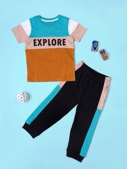 Be Awara - Cotton Half Sleeves Explore Print T-Shirt & Lounge Pant - Brown (Set of 2)