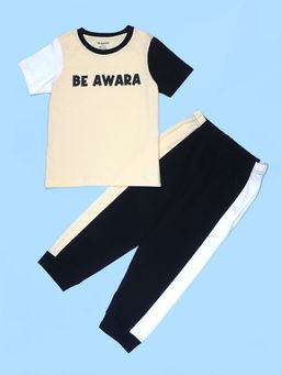 Be Awara - Cotton Half Sleeves Beige Print T-Shirt & Lounge Pant - Beige (Set of 2)