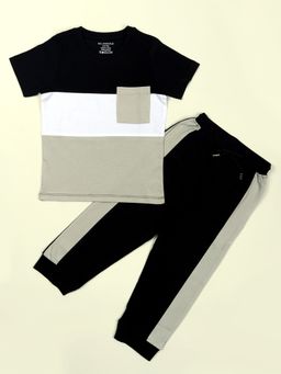 Be Awara - Monochrome Colorblock Half Sleeves T-Shirt & Lounge Pant - Black (Set of 2)