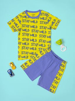 Be Awara - Cotton Half Sleeves Stay Wild Pattern T-Shirt & Shorts - Green (Set of 2)