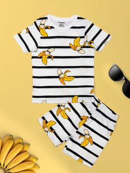 Be Awara - Cotton Half Sleeves Banana Pattern T-Shirt & Shorts - White (Set of 2)