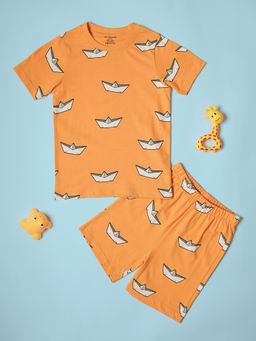 Be Awara - Cotton Half Sleeves Boat Pattern T-Shirt & Shorts - Yellow (Set of 2)