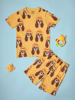 Be Awara - Cotton Half Sleeves Doggie Pattern T-Shirt & Shorts - Yellow (Set of 2)