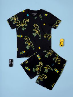 Be Awara - Cotton Half Sleeves Neon Pattern T-Shirt & Shorts - Black (Set of 2)