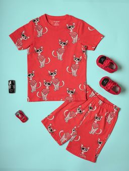 Be Awara - Cotton Half Sleeves Piracat Pattern T-Shirt & Shorts - Red (Set of 2)