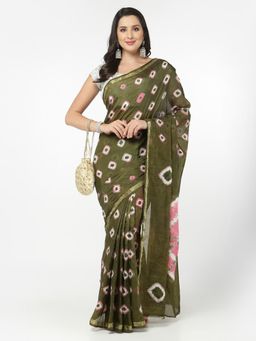 KISHORI - Women Silk Bandhani and Zari Weaving Saree with Unstitched Blouse - Green