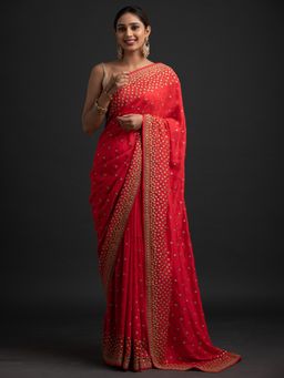 Koskii - Rani Pink Stonework Raw Silk Designer Saree with Unstitched Blouse