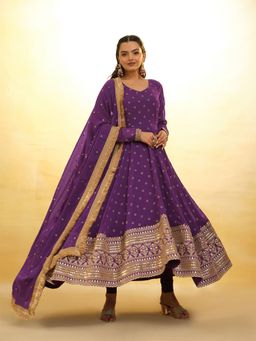 Odette - Purple Georgette Embroidered Stitched Anarkali Kurta With Churidar & Dupatta (Set of 3)