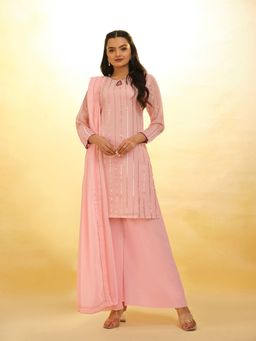 Odette - Pink Georgette Embroidered Stitched Kurta With Palazzo & Dupatta (Set of 3)