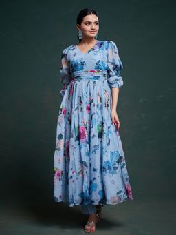 Odette - Blue Organza Floral Stitched Kurta With Pant (Set of 2)