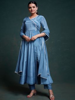 Odette - Blue Chinon Silk Printed Stitched Angarkha Kurta With Pant & Dupatta (Set of 3)