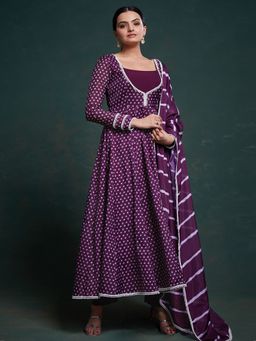 Odette - Purple Organza Printed Stitched Anarkali Kurta With Pant & Dupatta (Set of 3)