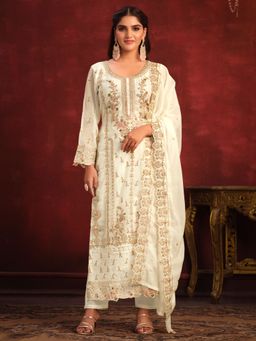 Odette - Women White Viscose Organza Embroidered Unstitched Dress Material (Set of 3)