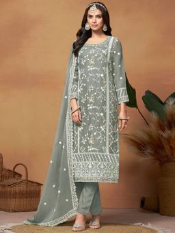 Odette - Grey Embroidered Soft Organza Unstitched Dress Material (Set of 3)