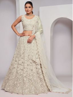 Odette - White Soft Net Embroidered Semi Stitched Lehenga With Unstitched Blouse & Dupatta (Set of 3)