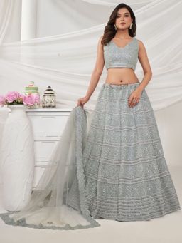 Odette - Grey Soft Net Embroidered Semi Stitched Lehenga With Unstitched Blouse & Dupatta (Set of 3)