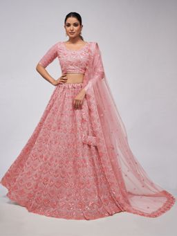 Odette - Pink Soft Net Embroidered Semi Stitched Lehenga With Unstitched Blouse & Dupatta (Set of 3)