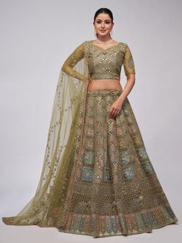 Odette - Olive Soft Net Embroidered Semi Stitched Lehenga With Unstitched Blouse & Dupatta (Set of 3)