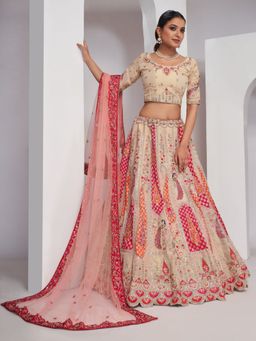 Odette - Cream Net Embroidered Semi Stitched Lehenga With Unstitched Blouse & Dupatta (Set of 3)