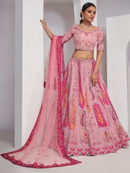 Odette - Pink Net Embroidered Semi Stitched Lehenga With Unstitched Blouse & Dupatta (Set of 3)
