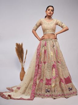 Odette - White Net Embroidered Semi Stitched Lehenga With Unstitched Blouse & Dupatta (Set of 3)