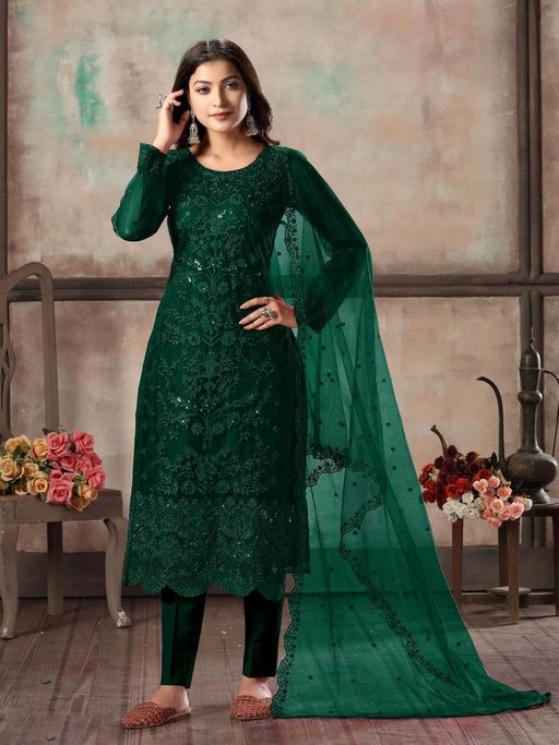 Buy Odette Women Green Net Unstitched Dress Material (Set of 3) Online