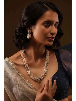 Biba - Women Green Stone and Pearl Brass Necklace Set