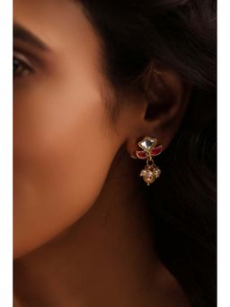 Biba - Women Red and White Stone Brass Drop Earrings