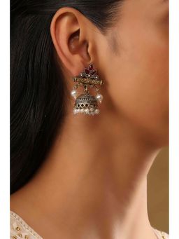 Biba - Women Red Stone Brass Jhumka Earrings