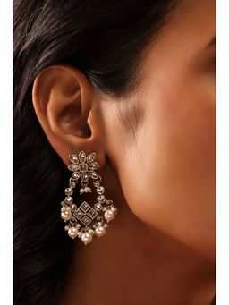 Biba - Women White Stone and Pearl Brass Drop Earrings