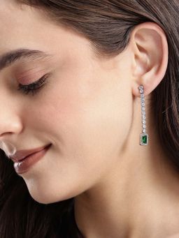 Carlton London - Women Silver Plated Emerald Green Cz Square Drop Earrings
