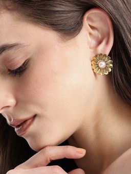 Carlton London - Women 18Kt Gold Plated Pearl Floral Bold Stud Earrings