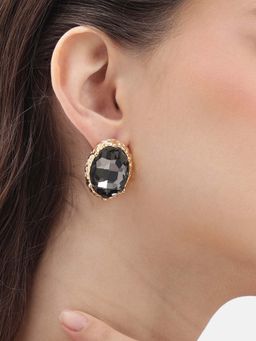 Carlton London - Women 18Kt Gold Plated Black Crystal Oval Stud Earrings