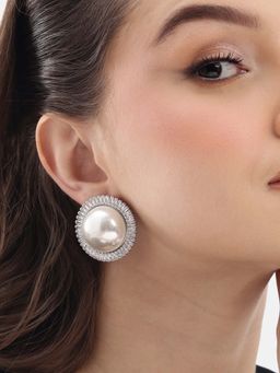 Carlton London - Women Silver Plated Cz and Pearl Stud Earrings