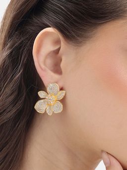 Carlton London - Women 18Kt Gold Plated Cz Floral Big Stud Earrings