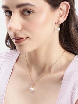 Carlton London - Women 18Kt Gold Plated Pink Pear Drop Cz Pearl Necklace Set