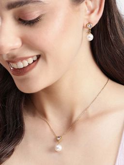 Carlton London - Women 18Kt Gold Plated White Heart Cz Pearl Necklace Set