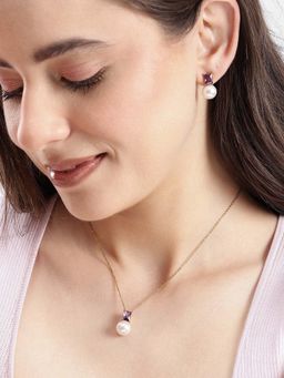 Carlton London - Women 18Kt Gold Plated Lavender Pear Drop Cz Pearl Necklace Set