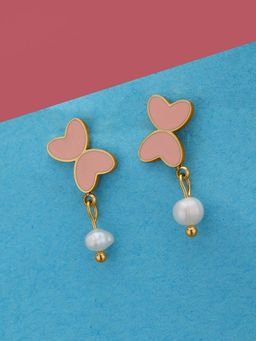 Carlton London - Women 18Kt Gold Plated Peach Enamel Butterfly and Pearl Drop Earrings