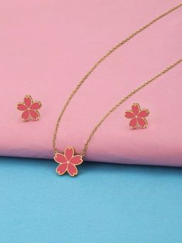 Carlton London - Women 18Kt Gold Plated Pink Enamel Floral Necklace Set