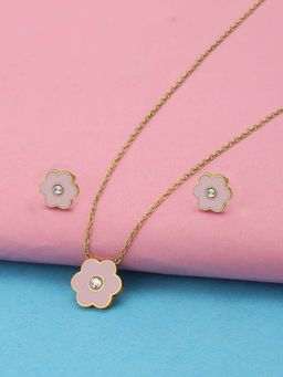 Carlton London - Women 18Kt Gold Plated Light Pink Enamel Floral Necklace Set