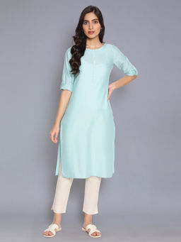 W - Blue Round Neck Solid Kurta
