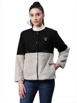 Global Republic - Colorblocked Black Polyester Box Fit Casual Coat