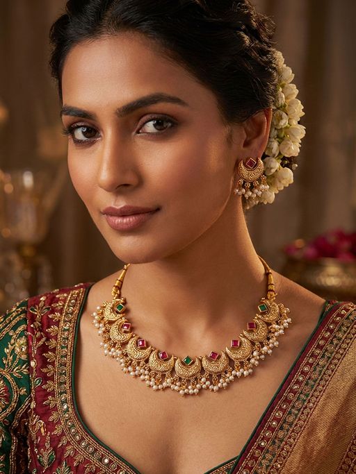 Niscka 22K Gold Plated Ruby Emerald Crescent Necklace and Earrings Set