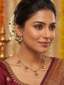 Niscka - 24K Gold Plated Peacock Ruby Pearl Necklace and Earrings Set