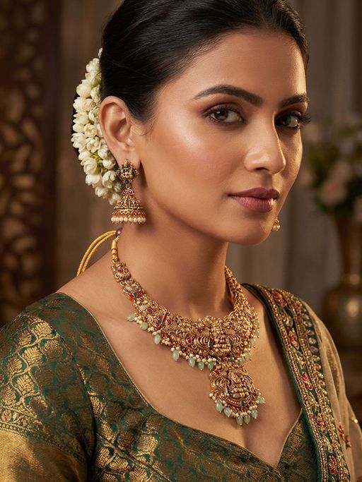 Niscka 24K Gold Plated Lakshmi Temple Peacock Antique Choker Necklace with Jhumkas