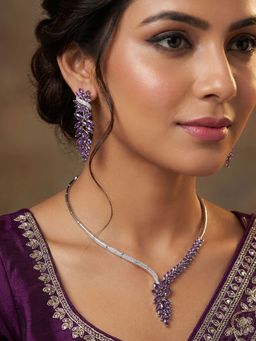 Niscka - Rhodium Plated Floral White Purple Ad Necklace with Earrings Set