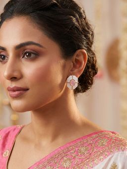 Niscka - 24K Gold Plated Octagon Pink Stone Stud Meenakari Earrings